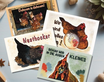 Tierfotografie Hühnerliebe nachbearbeitet * Postkarte mit Sprüchen * originell und exklusiv * Kollektion mit 4 Postkarten * MinasSchaetzeDE