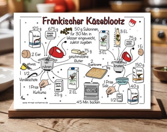 Postkarte Gezeichnete Rezepte * Fränkischer Käseblootz * Schritt für Schritt Anleitung * Rezept aus der Fränkischen Küche * MinasSchaetzeDE