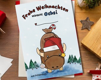 Handgezeichnete Weihnachtskarte * Frohe Weihnachten wünscht Ochsi * mit festlichem Motiv * Frohe Weihnachten Postkarte * MinasSchaetzeDE