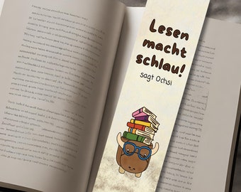 Einzigartige handgezeichnete Lesezeichen für passionierte Bücherwürmer und Fans von Ochsen - "Lesen macht schlau! sagt Ochsi"