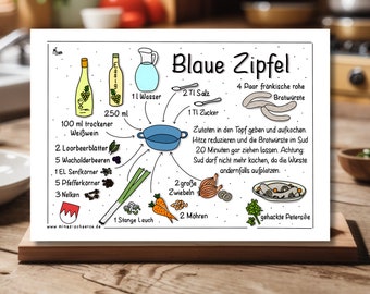 Postkarte Gezeichnete Rezepte * Blaue Zipfel * Schritt für Schritt Anleitung * Illustriertes  Rezept Fränkische Küche * MinasSchaetzeDE