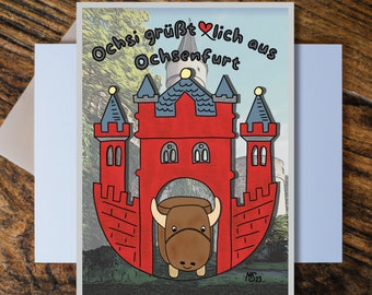 Ochsenfurt Grußkarte * Fröhlicher Ochse im traditionellen Stadtwappen Design * Perfektes Souvenir aus Franken * Heimat Liebe