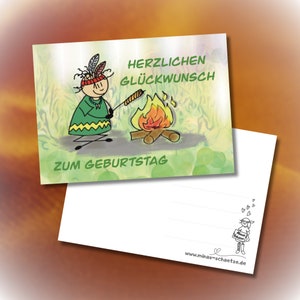 Herzlichen Glückwunsch zum Geburtstag Lustige Postkarte mit Sketchnote Figur mit Stockbrot am Lagerfeuer im Garten image 1