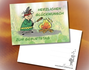 Herzlichen Glückwunsch zum Geburtstag - Lustige Postkarte mit Sketchnote Figur mit Stockbrot am Lagerfeuer im Garten!