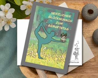 Yoga-Geburtstagskarte * Herzlichen Glückwunsch zum Geburtstag - Yoga Pose * Tanzhaltung * mit Geburtstagstorte * Postkarte * MinasSchaetzeDE