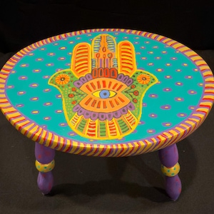 Hamsa Hand Painted Decorative Wooden Stool