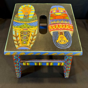 Egyptian Themed Bohemian Hand Painted Wooden Stool