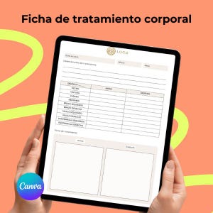 May include: A digital tablet with a form for tracking body measurements before and after treatment. The form includes sections for chest, waist, hips, arms, thighs, and calves. The form is titled "Ficha de tratamiento corporal" which translates to "Body Treatment Sheet" in English.