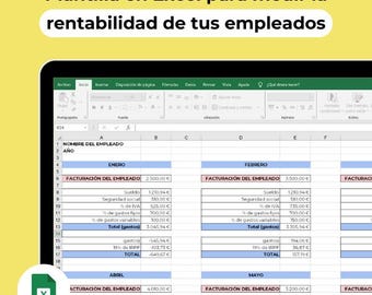 May include: A spreadsheet template in Microsoft Excel for calculating employee profitability. The template includes columns for employee name, year, month, and various financial metrics such as salary, social security, VAT, fixed and variable expenses, total expenses, and profit.