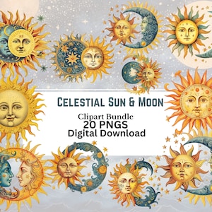 Celestial Sun and Moon Clipart Bundle PNGS, Scrapbooking, Junk Journal, Fantasy Art, 300 DPI, Commercial Use
