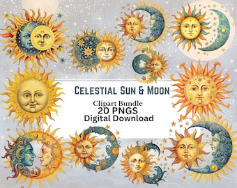 Celestial Sun and Moon Clipart Bundle, Fantasy Art PNGs (Digital Download)
