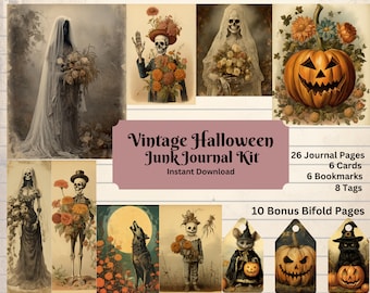 Printable Halloween Junk Journal kit Digital Scrapbooking Bookmarks Tags Cards Journal Pages Vintage Ephemera