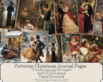 May include: A digital download of 19 double-page Victorian Christmas journal pages, each measuring 11x8.5 inches (5.5x8.5 inches folded). The images feature scenes of couples, children, and animals in a winter wonderland setting.