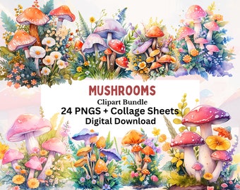 Pilz Clipart Bundle, Aquarell Style (PNG, digitaler Download)