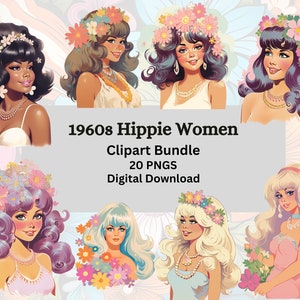 May include: A digital clipart bundle of 20 PNG images featuring 1960s hippie women with flower crowns and colorful clothing. The images are perfect for crafting, scrapbooking, and digital design projects.