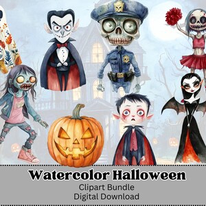 Könnte beinhalten: Aquarell-Halloween-Clipart-Paket mit einem Geist, einem Vampir, einem Polizisten, einer Cheerleaderin, einer Vampirfledermaus, einem Zombie, einem Kürbis und einem Vampir mit einer Fledermaus. Das Clipart ist perfekt für digitales Scrapbooking, Kartenherstellung und andere kreative Projekte.