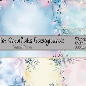 May include: A digital paper pack with 30 winter snowflake backgrounds. The backgrounds are in shades of blue, pink, and white with snowflakes and fairy lights. The text "Winter Snowflake Backgrounds" and "Digital Paper" is displayed on the image. The text "30 jpegs 12x12 in. 300 dpi" is also displayed on the image.
