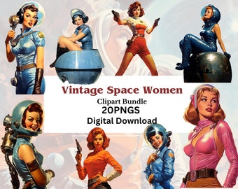 Vintage Pulp Art Space Women Clipart Bundle, Scrapbooking, Junk Journal, 20 PNGS, Transparent Background, Fantasy Art, Commercial Use