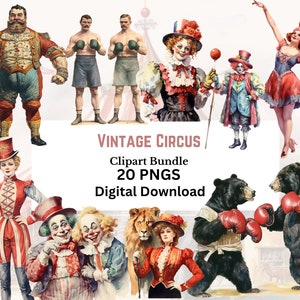 20 Watercolor Vintage Circus Clipart Bundle, Circus PNG, Vintage Ephemera, Scrapbooking, Junk Journal, 300 DPI, Commercial Use