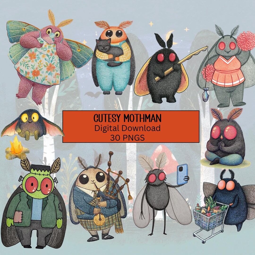 Cute Mothman Clipart Bundle PNG | 30 Kawaii Cryptid Characters ...