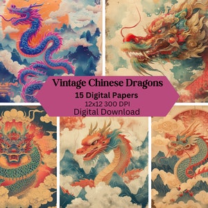 Vintage Chinese Dragon, Chinese New Year, Digital Paper Pack, Printable Cards, Journaling, Commercial Use, Digital Download