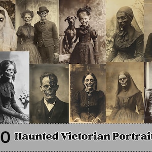 Puede incluir: Un collage de 50 fotografías antiguas en blanco y negro de personas con expresiones inquietantes. El texto "50 Haunted Victorian Portraits" está en la parte inferior de la imagen.