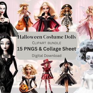 Halloween Doll Clipart Scrapbooking Junk Journal 300 DPI PNGS + Bonus Collage sheets Transparent Background