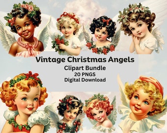 Clipart de anjo de Natal vintage, pacote PNG transparente (download digital)