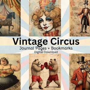 Vintage Circus Junk Journal Pages, signets et décorations bonus, animaux du cirque, clowns vintage, scrapbooking, téléchargement numérique