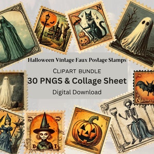 Vintage Halloween faux timbres-poste Clipart PNGS + feuille de collage journal indésirable coupes difficiles Scrapbooking usage commercial gratuit