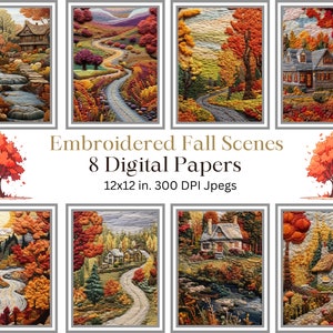 Fall Scenery Embroidered Digital Paper Pack, Scrapbook Paper, Junk Journal Paper, Digital Download, Commercial Use