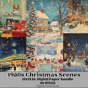 Pacote de imagens digitais com cenário natalino retrô dos anos 1950, Natal vintage, álbum de recortes digital, papel de fundo para diário, uso comercial