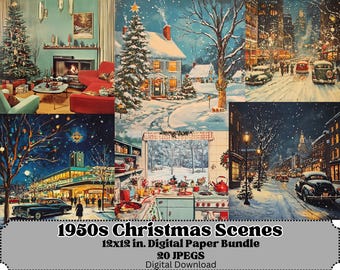 1950s Retro Christmas Scenery Digital Image Bundle, Vintage Christmas, Digital Scrapbook, Junk Journal Background Paper, Commercial Use