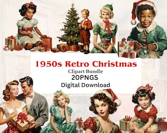 Retro Christmas Clipart Bundle, 1950s, 20 PNGs, Junk Journal, Scrapbooking, Mid-Century Art, Transparent Background, 300 DPI, Commercial Use