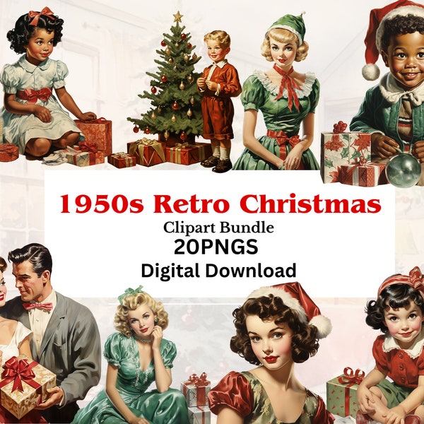 Retro Christmas Clipart Bundle, 1950s, 20 PNGs, Junk Journal, Scrapbooking, Mid-Century Art, Transparent Background, 300 DPI, Commercial Use