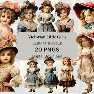 Victoriaanse clipart voor kleine meisjes| Junkjournaal, scrapbooking| Transparante achtergrond| 300 dpi| PNG + JPEG-bestand| Gratis commercieel gebruik