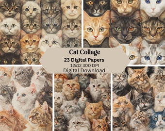 Cat Digital Paper, Cat Collage, Scrapbooking, Junk Journal, Card Making, Digital Download, Commercial Use
