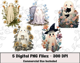 Floral Ghost PNG Bundle – 5 Vintage-Inspired Halloween Ghost Sublimation Designs – Transparent Background Clipart for Shirts and Crafts