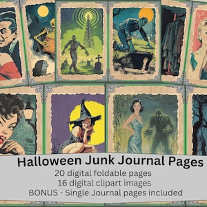 Vintage Inspired Halloween Junk Journal Kit | 20 Foldable Pages + 16 Clipart | Printable Ephemera for Spooky Scrapbooking & Crafts