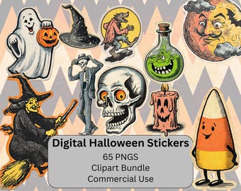 65 Vintage Inspired Halloween PNG Stickers | 1950s Retro Clipart, Digital Download, Commercial Use, Halloween Ephemera