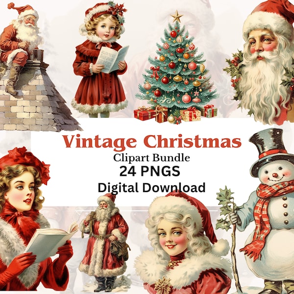 Vintage Weihnachten Clipart Bundle, Retro Santa, Junk Journal, Scrapbooking, 24 PNGS, transparenter Hintergrund, 300 DPI, kommerzielle Nutzung