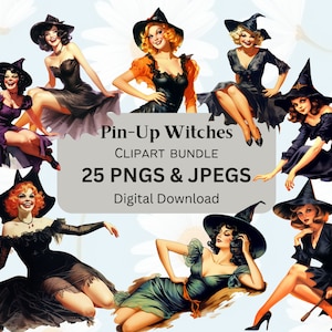 ClipArt de bruxa pin-up vintage, diário de scrapbooking, 300 dpi, PNG + JPEGs, fundo transparente, uso comercial, clip-art