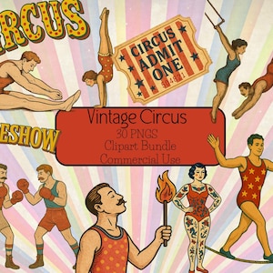 Pacote de clipart de circo inspirado no vintage, elementos de diário de lixo, scrapbooking, palhaço PNG, circo digital, fundo transparente