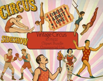 Vintage Inspired Circus Clipart Bundle, Junk Journal Elements, Scrapbooking, Clown PNG, Circus Digital, Transparent Background