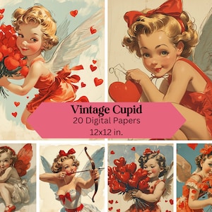 Valentine Cupid Digital Paper Pack, Vintage inspirierter Valentinstag, Kartenherstellung, Junk Journal, Scrap-Buchung, digitaler Download, kommerzielle Nutzung