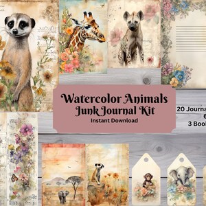 Printable Watercolor Animal Junk Journal Kit Digital Scrapbooking Bookmark Tags Cards Journal Pages