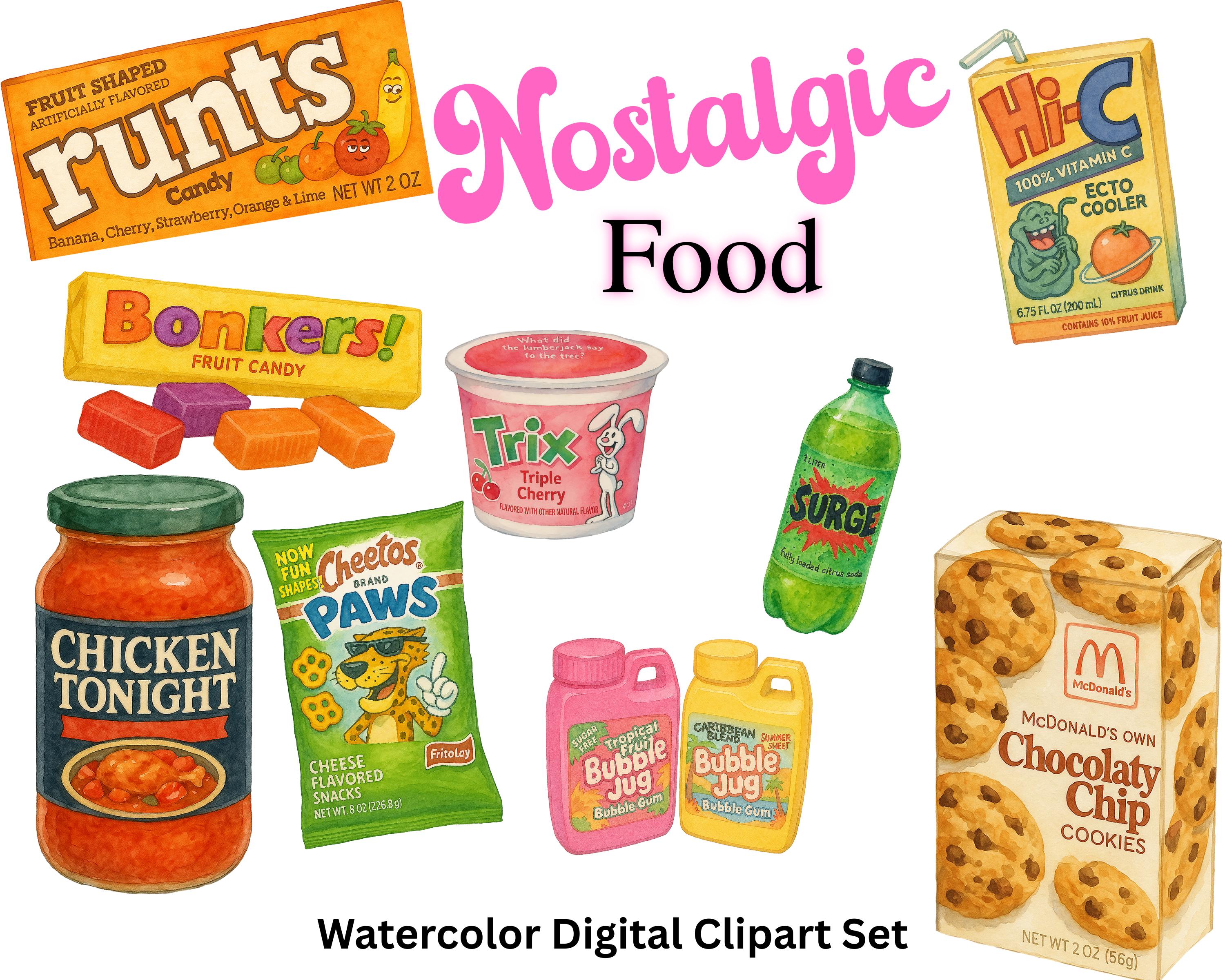 Vintage Snack Clipart Bundle – Retro Food PNGs - Watercolor Style - Transparent Background, Junk Journal, Scrapbooking