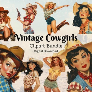 Retro Cowgirl Clipart Bundle, Pinup Cowgirls, PNG, Scrapbooking, Junk Journal, Ephemera, Transparent Background, Commercial Use