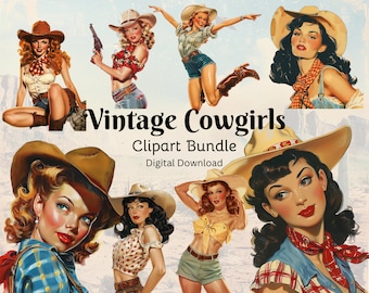 Paquete de imágenes prediseñadas de vaquera retro, pin-up vintage PNG (uso comercial)