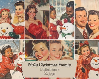 May include: A digital paper pack with 25 images featuring vintage Christmas scenes. The images depict families celebrating Christmas in the 1950s, including a family building a snowman, a family decorating a Christmas tree, and a family opening presents. The images are in a retro style and are perfect for scrapbooking, card making, and other craft projects.